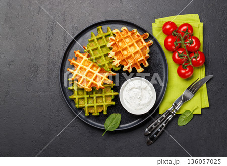 Vegan spinach waffles top view Vegan spinach waffles top view 136057025