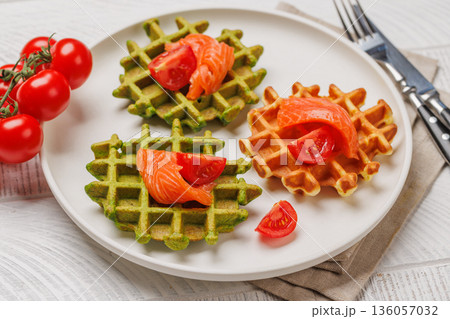 Vegan spinach waffles top view Vegan spinach waffles top view 136057032