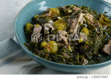 chakapuli, Georgian dish, stewed meat with herbs and tkemali, in white wine, homemade, no people, chakapuli, Georgian dish, stewed meat with herbs and tkemali, in white wine, homemade, no people, 136057067