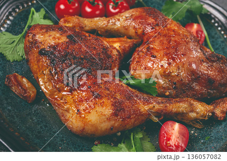 grilled fried chicken legs, served with fresh cherry tomatoes and herbs, on a plate, homemade, no people, 136057082