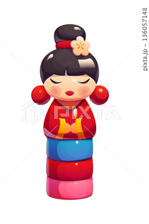 Traditional Japanese kokeshi doll with closed eyes, black hair in a bun, red kimono and colorful layered body. Cartoon vector Japan toy figure with serene expression, folded hands, flower accessory Traditional Japanese kokeshi doll with closed eyes, black hair in a bun, red kimono and colorful layered body. Cartoon vector Japan toy figure with serene expression, folded hands, flower accessory 136057148