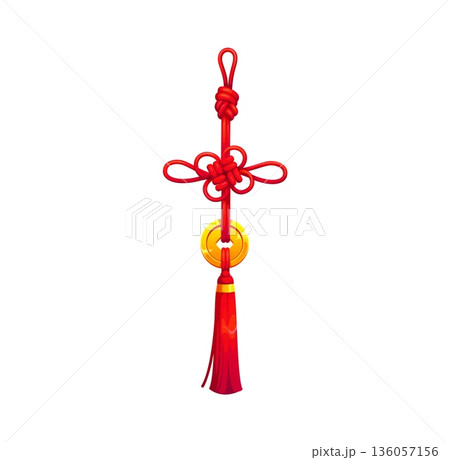 Chinese lucky knot pendant. Traditional vector Asian charm for China Lunar New Year. Symbol of luck and endless. Trinket gift with loop and gold coin hanging on red tassel. cartoon fortune amulet 136057156