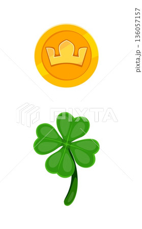 St Patricks font coin and clover punctuation semicolon. March celebration typeface vector element, Irish typeset sign. Saint Patrick font punctuation mark with shamrock clover leaf and golden coin 136057157