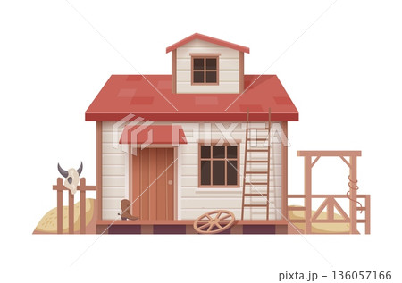 Western town building with red roof, wooden ladder, gallows, haystack, cowboy boot, wagon wheel, and bull skull. Vector old rustic wild west structure with dusty surroundings and frontier elements 136057166