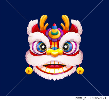 Chinese Lunar New Year cute Guangdong lion. Cartoon vector lion dance mask head. Festive animal character face with horns, bells, fur and traditional ornaments. Asian cultural CNY celebration symbol Chinese Lunar New Year cute Guangdong lion. Cartoon vector lion dance mask head. Festive animal character face with horns, bells, fur and traditional ornaments. Asian cultural CNY celebration symbol 136057171