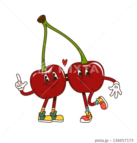 Cartoon groovy cherry berry characters pair kissing with heart. Vector couple of fresh and ripe summer hippie berries in love. Retro juicy fruit personages hanging on stem with vintage nostalgic vibes 136057173