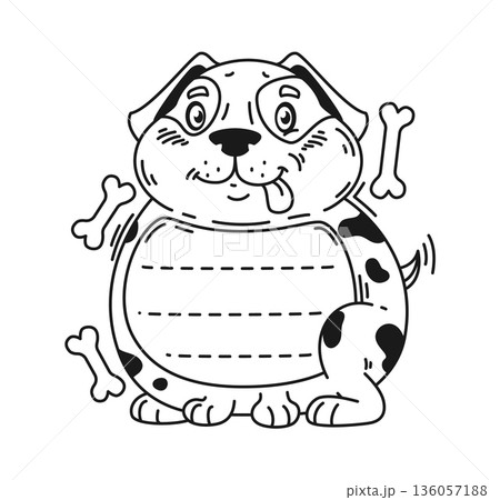 Kids memo note frame of cartoon smiling dog with big eyes and wagging tail. Vector black and white template of cute puppy dog character with round belly made as memo note frame surrounded by bones Kids memo note frame of cartoon smiling dog with big eyes and wagging tail. Vector black and white template of cute puppy dog character with round belly made as memo note frame surrounded by bones 136057188