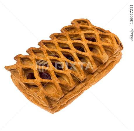 Pastry, mesh puff pastry bun with cherry filling on white background isolated Pastry, mesh puff pastry bun with cherry filling on white background isolated 136057211