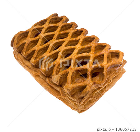 Pastry, mesh puff pastry bun with cherry filling on white background isolated Pastry, mesh puff pastry bun with cherry filling on white background isolated 136057215