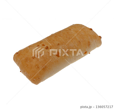 Ciabatta with cheese, italian bread, on a white plate in isolation Ciabatta with cheese, italian bread, on a white plate in isolation 136057217