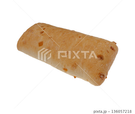 Ciabatta with cheese, italian bread, on a white plate in isolation Ciabatta with cheese, italian bread, on a white plate in isolation 136057218