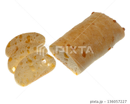 Ciabatta with cheese, italian bread, on a white plate in isolation 136057227