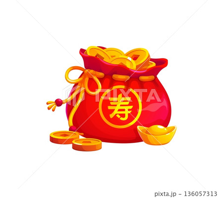 Chinese lucky money bag, fortune pouch with golden coins and ingots, Asian happy wallet. Vector red silk pouch or packet for Lunar New Year, a symbol of wealth and good blessing for greeting card 136057313