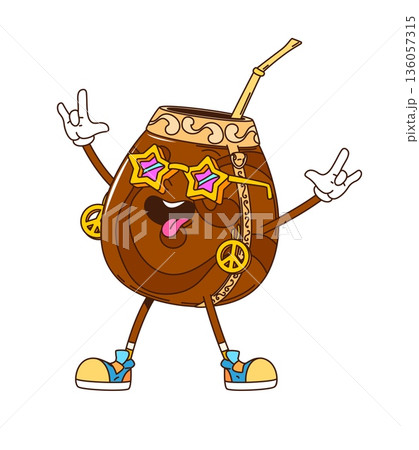Cartoon groovy mate tea drink as hippie character, vector funky happy face. Groovy mate tea bowl cup with star sunglasses and hippie peace sign gesture in good mood as drink beverage character 136057315
