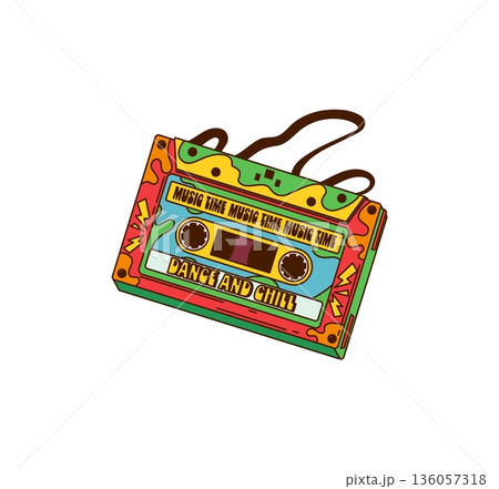 Cartoon groovy audio cassette icon. Bright, colorful cassette tape with a psychedelic 1970s design, radiating retro disco charm. Funky vintage vector element for music party, or nostalgic stickers 136057318