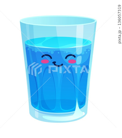 Cartoon water drink. Kawaii glass of water drink character with blue drink inside, foamy top surface, cheerful face with eyes and blush. Vector blue personage for eco healthy lifestyle promotion 136057319