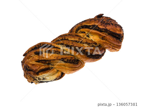 Ruddy, wicker bun with poppy seeds, on a white background in isolation Ruddy, wicker bun with poppy seeds, on a white background in isolation 136057381