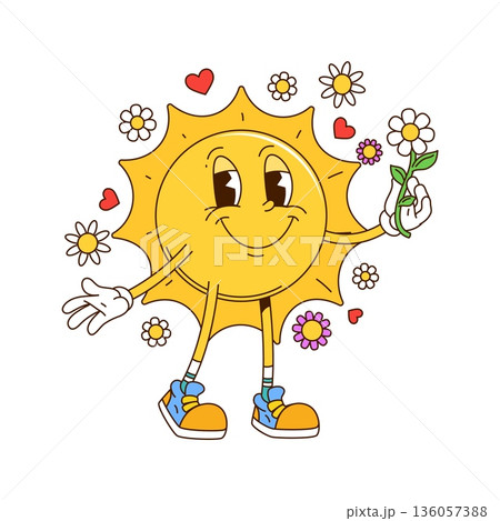 Cartoon retro groovy vector sun character smiling and holding a daisy flower, surrounded by hearts and blossoms. Vector cheerful sunny personage in sneakers expressing warmth, happiness, and love Cartoon retro groovy vector sun character smiling and holding a daisy flower, surrounded by hearts and blossoms. Vector cheerful sunny personage in sneakers expressing warmth, happiness, and love 136057388
