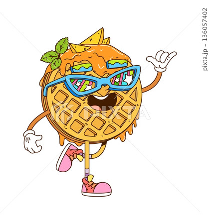 Retro cartoon cheerful groovy Belgian waffle vector character with fruit pieces, mint leaf and jam. Round funky wafer food dessert personage in hippie glasses, vintage sneakers flashing shaka gesture Retro cartoon cheerful groovy Belgian waffle vector character with fruit pieces, mint leaf and jam. Round funky wafer food dessert personage in hippie glasses, vintage sneakers flashing shaka gesture 136057402