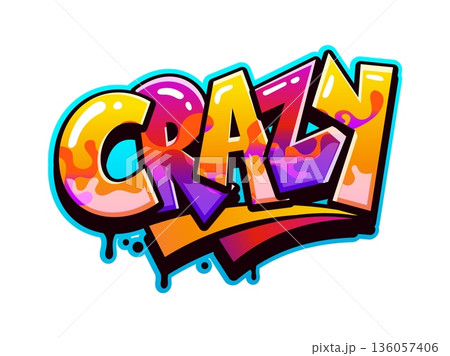 Crazy street art graffiti, hip hop paint spray typography. Urban graffiti artwork, street wall cool drawing vector writing. Hip Hop airbrush tag typography or text with funky purple and orange letters Crazy street art graffiti, hip hop paint spray typography. Urban graffiti artwork, street wall cool drawing vector writing. Hip Hop airbrush tag typography or text with funky purple and orange letters 136057406