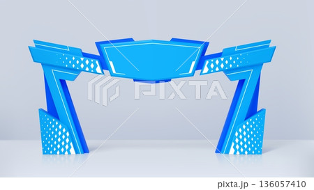 Exhibition blue event arch gate, realistic 3d vector modern entrance or gateway. Architectural arc mockup with geometric patterns and central signage area. Entry for conferences or corporate events Exhibition blue event arch gate, realistic 3d vector modern entrance or gateway. Architectural arc mockup with geometric patterns and central signage area. Entry for conferences or corporate events 136057410
