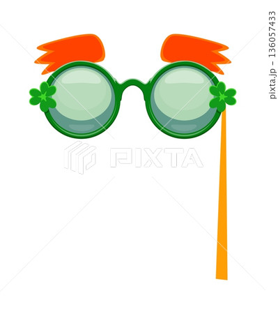 St Patricks leprechaun glasses photo booth mask. Spring holiday vector sticker, Ireland festival prop. Saint Patrick party kids photo booth costume part with green glasses, eyebrows and clover leaf St Patricks leprechaun glasses photo booth mask. Spring holiday vector sticker, Ireland festival prop. Saint Patrick party kids photo booth costume part with green glasses, eyebrows and clover leaf 136057433