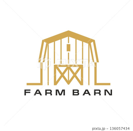 Wooden farm barn icon. Rustic vector emblem featuring a traditional wooden barn, capturing the essence of country life. Yellow house with black text for farm brands, ranch business, farmers market 136057434