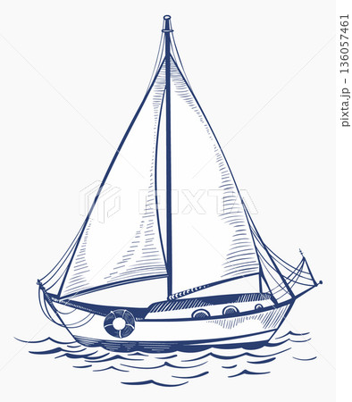 Vector line illustration of a sailboat in the ocean. Marine design with waves and wind. Suitable for travel, sailing, tourism, navigation, and marine sport projects. Isolated clipart. Vector line illustration of a sailboat in the ocean. Marine design with waves and wind. Suitable for travel, sailing, tourism, navigation, and marine sport projects. Isolated clipart. 136057461