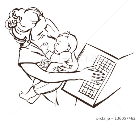 Vector line art illustration of a mother breastfeeding a baby while working on a laptop. Shows maternity, freelance work, parenting, and balance. Isolated outline style for cards and Mothers Day. Vector line art illustration of a mother breastfeeding a baby while working on a laptop. Shows maternity, freelance work, parenting, and balance. Isolated outline style for cards and Mothers Day. 136057462