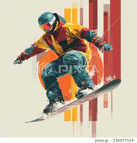 Snowboarding graphic art effect poster. Snowboarding dynamic multicolor graphic wallpaper or banner 136057524