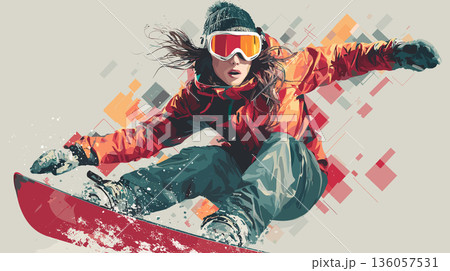 Snowboarding graphic art effect poster. Snowboarding dynamic multicolor graphic wallpaper or banner 136057531