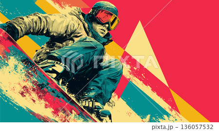 Snowboarding graphic art effect poster. Snowboarding dynamic multicolor graphic wallpaper or banner 136057532