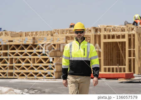 Supervisor engineer. Worker at construction site. Builder construction man. Worker supervisor machinery. Safety inspection. Industry construction worker. Builder civil engineer at building, banner 136057579