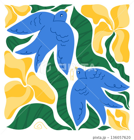 Cute Spring Illustration with Blue Birds and Yellow Flowers in Flat Style Cute Spring Illustration with Blue Birds and Yellow Flowers in Flat Style 136057620