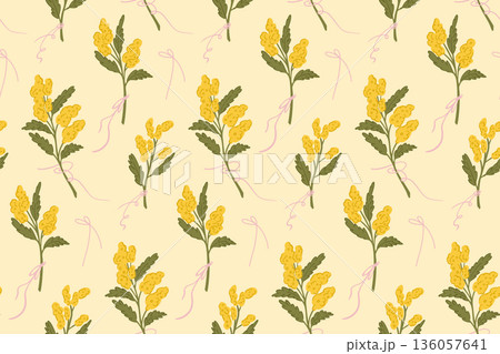 A seamless pattern with branches of bright spring yellow mimosa tied with thin pink ribbons on a warm lemon vanilla background. A seamless pattern with branches of bright spring yellow mimosa tied with thin pink ribbons on a warm lemon vanilla background. 136057641