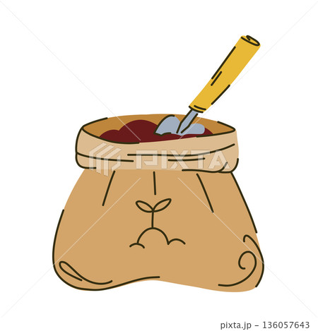 A bag of soil for outdoor and indoor gardening, with a shovel for soil inside and a seedling symbol A bag of soil for outdoor and indoor gardening, with a shovel for soil inside and a seedling symbol 136057643