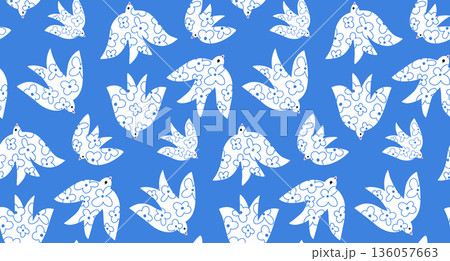 Seamless spring pattern with bird shapes filled with line doodle flowers on a blue background, a delicate natural combination for fabric, packaging Seamless spring pattern with bird shapes filled with line doodle flowers on a blue background, a delicate natural combination for fabric, packaging 136057663