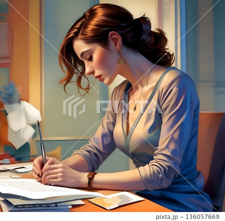 A young woman with long hair sits at her desk writing with a pen. A young woman with long hair sits at her desk writing with a pen. 136057669