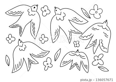 Set of linear stylized swifts among flowers in doodle style, patterned elegant flying birds for design and decoration Set of linear stylized swifts among flowers in doodle style, patterned elegant flying birds for design and decoration 136057671