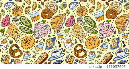 German breakfast in a seamless pattern on a fresh lime background, sausages, cheese, buns, jams German breakfast in a seamless pattern on a fresh lime background, sausages, cheese, buns, jams 136057695