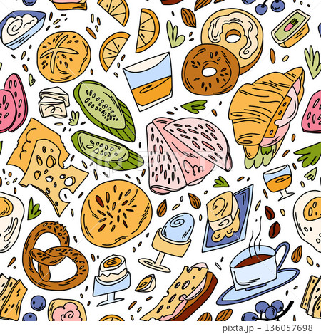 Seamless pattern with German breakfast, buns, sausage, cheese, etc. European food in doodle style. Seamless pattern with German breakfast, buns, sausage, cheese, etc. European food in doodle style. 136057698