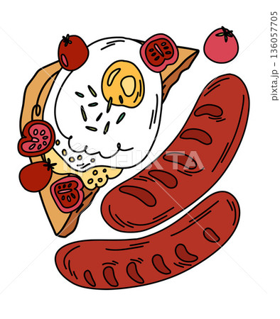Delicious Hand-Drawn Breakfast Meal with Egg, Sausages, Toast and tomatoes 136057705