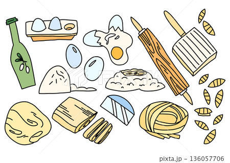 A large pasta making set, including eggs, flour, butter, a dough ball, and cooking utensils, a rolling pin, a pasta maker, and a stamp. A collection for shared cooking. 136057706