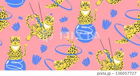 Seamless rich circus pattern with wild cats and gymnastics equipment, cheetahs in pink and yellow Seamless rich circus pattern with wild cats and gymnastics equipment, cheetahs in pink and yellow 136057727