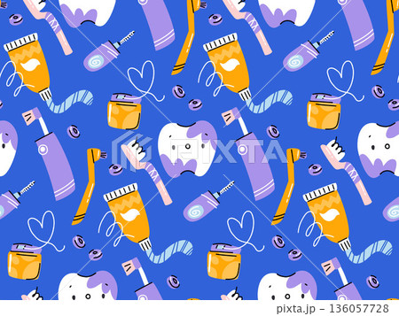 Dental pattern. A tooth stained with plaque tablet among toothbrushes, toothpastes, and dental floss Dental pattern. A tooth stained with plaque tablet among toothbrushes, toothpastes, and dental floss 136057728