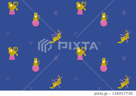 A sparse repeating pattern with small circus leopard figures holding rings, pedestals and large ball A sparse repeating pattern with small circus leopard figures holding rings, pedestals and large ball 136057730