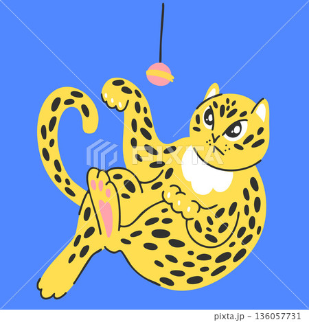 Big wild cat playing with a ball on a rope, spotted yellow leopard on blue in cartoon style Big wild cat playing with a ball on a rope, spotted yellow leopard on blue in cartoon style 136057731