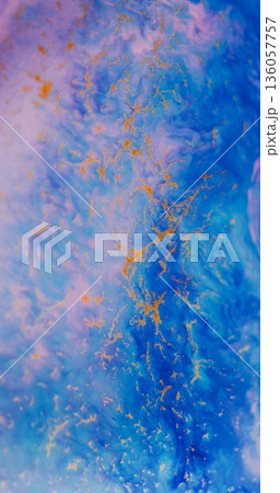 Art texture blur. Colorful paint background. Orange glitter marble lines on purple blue abstract acrylic mix with golden particles. Art texture blur. Colorful paint background. Orange glitter marble lines on purple blue abstract acrylic mix with golden particles. 136057757