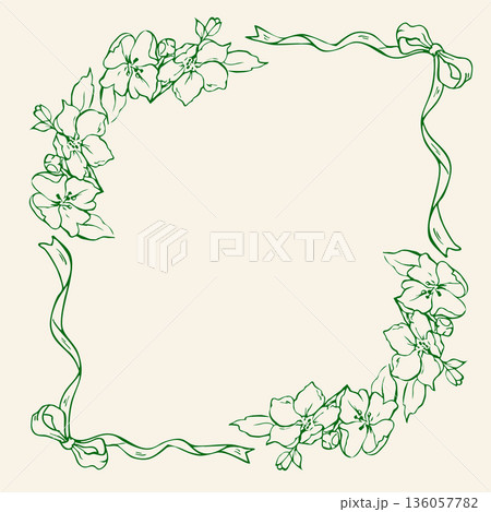 Whimsical floral frame with ribbon bow. Charming illustration for invitation Whimsical floral frame with ribbon bow. Charming illustration for invitation 136057782