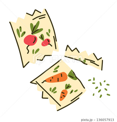 Brightly colored seed packages for spring planting in the vegetable garden and orchard, radish and carrot seeds, opened and whole packs 136057913